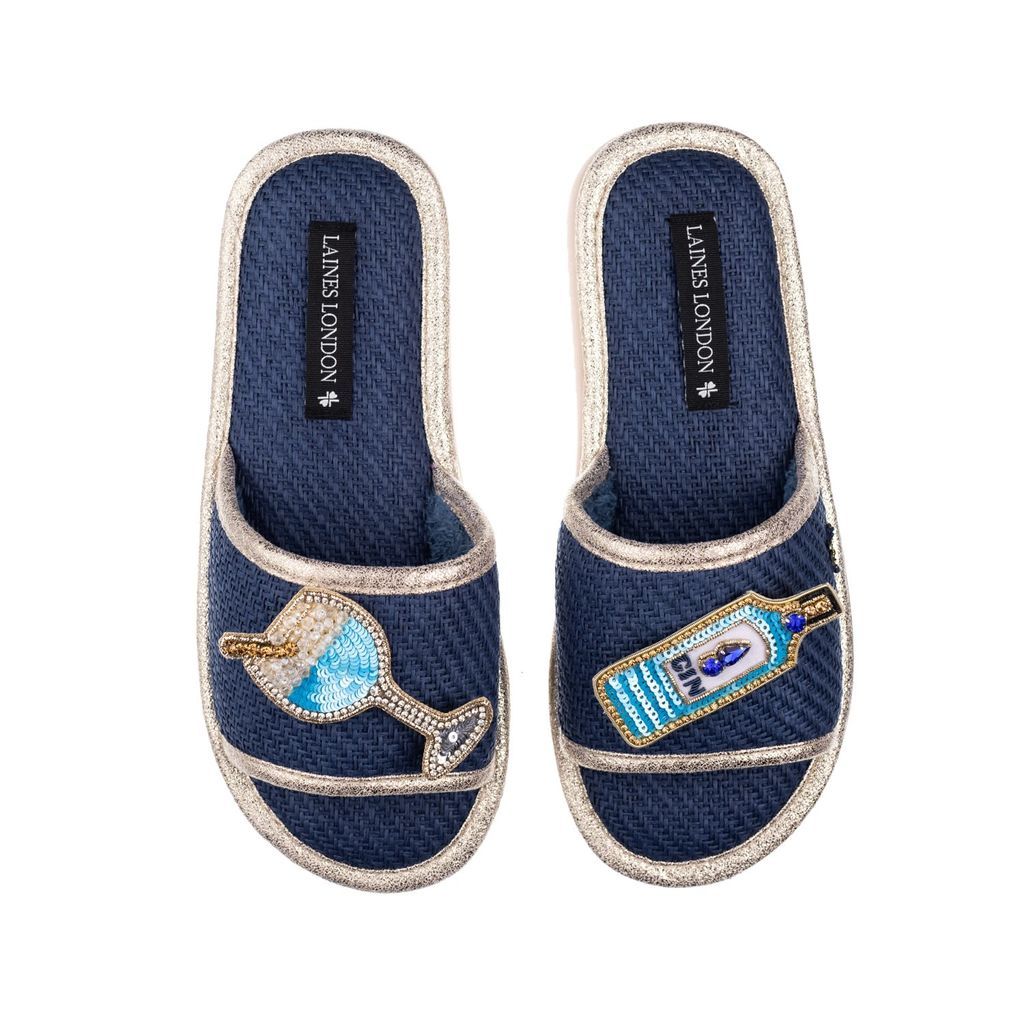 Women's Straw Braided Sandals With Handmade Blue Sapphire Gin Brooches - Navy Small LAINES LONDON