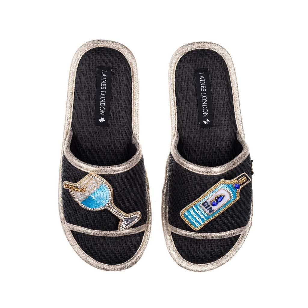 Women's Straw Braided Sandals With Handmade Blue Sapphire Gin Brooches - Black Small LAINES LONDON