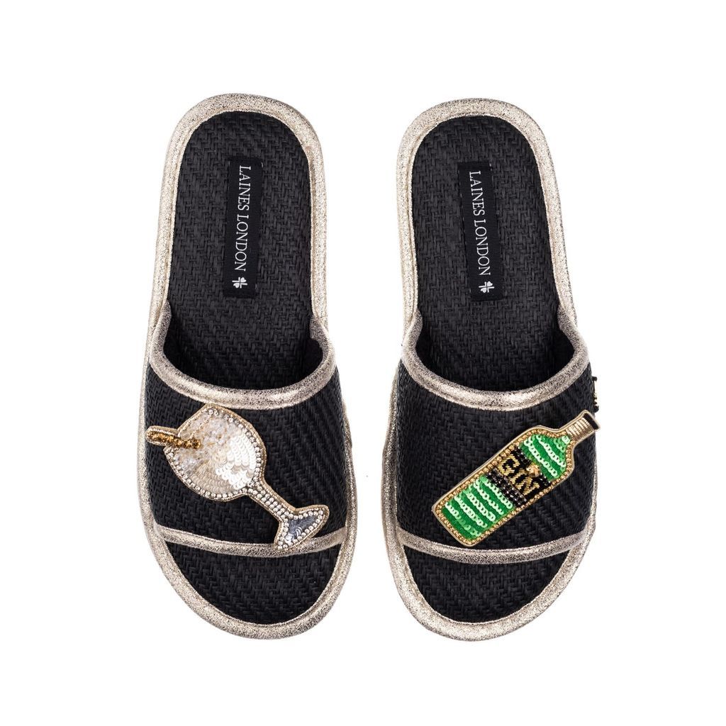 Women's Straw Braided Sandals With Handmade Classic Gin Brooches - Black Small LAINES LONDON