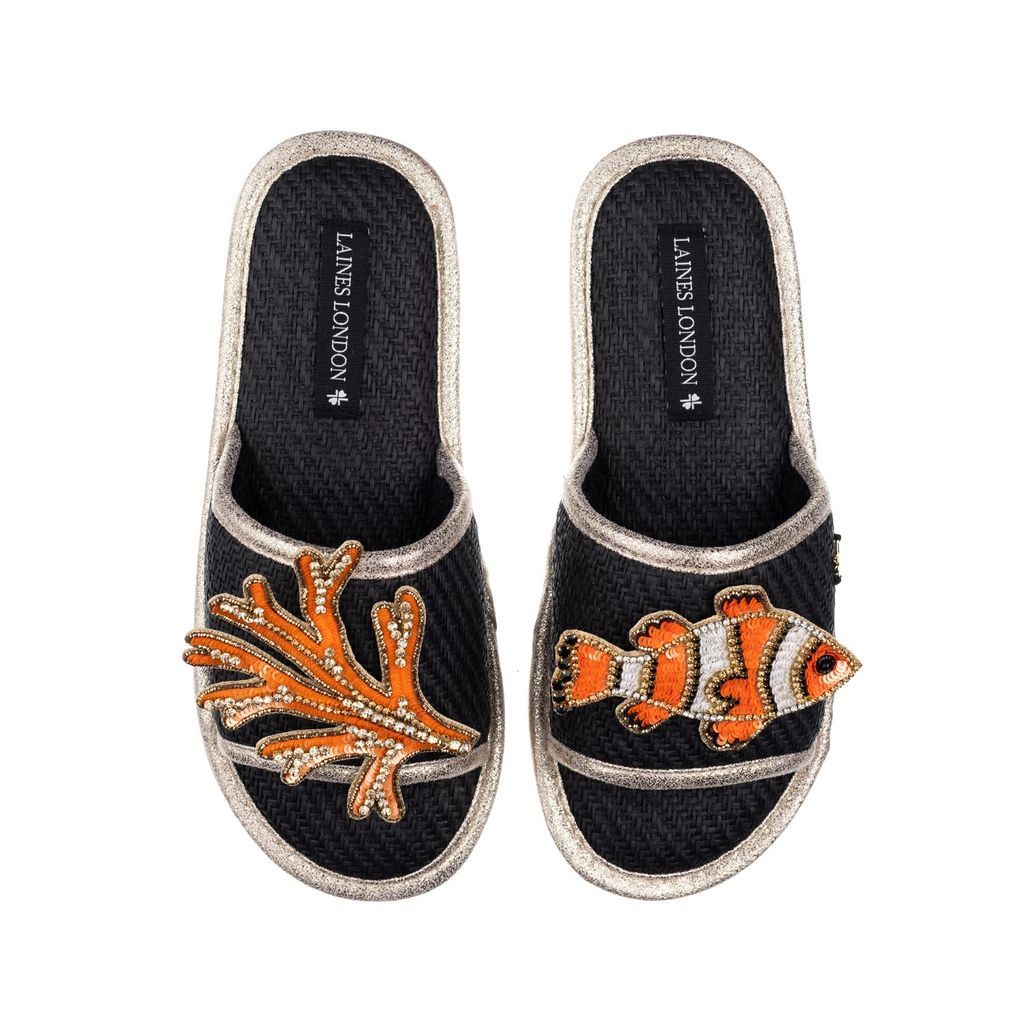 Women's Straw Braided Sandals With Handmade Clownfish & Coral Brooches - Black Small LAINES LONDON
