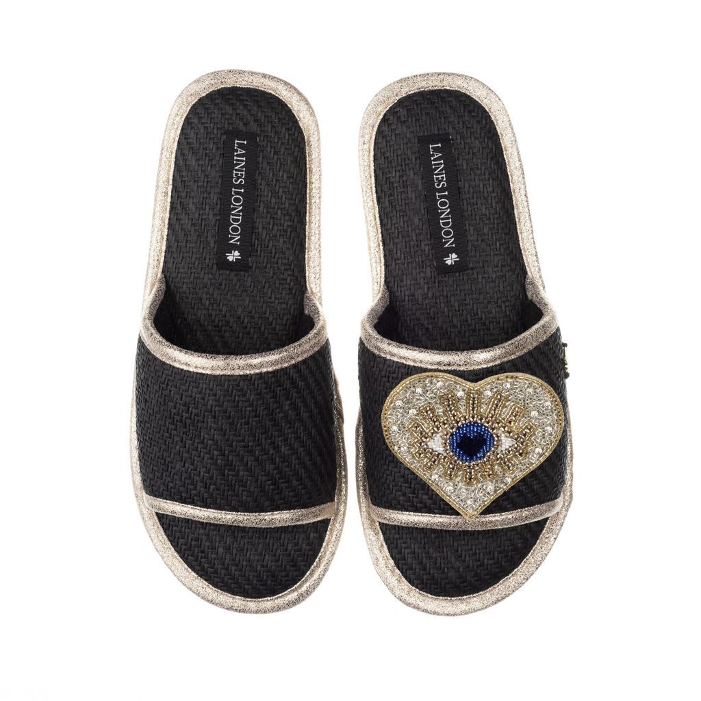 Women's Straw Braided Sandals With Handmade Couture Golden Blue Heart Eye Brooch - Black Small LAINES LONDON