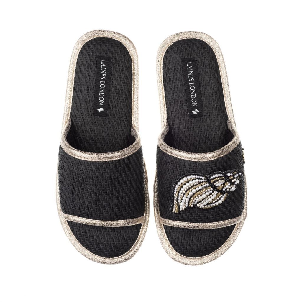 Women's Straw Braided Sandals With Handmade Couture Cone Shell Brooch - Black Small LAINES LONDON