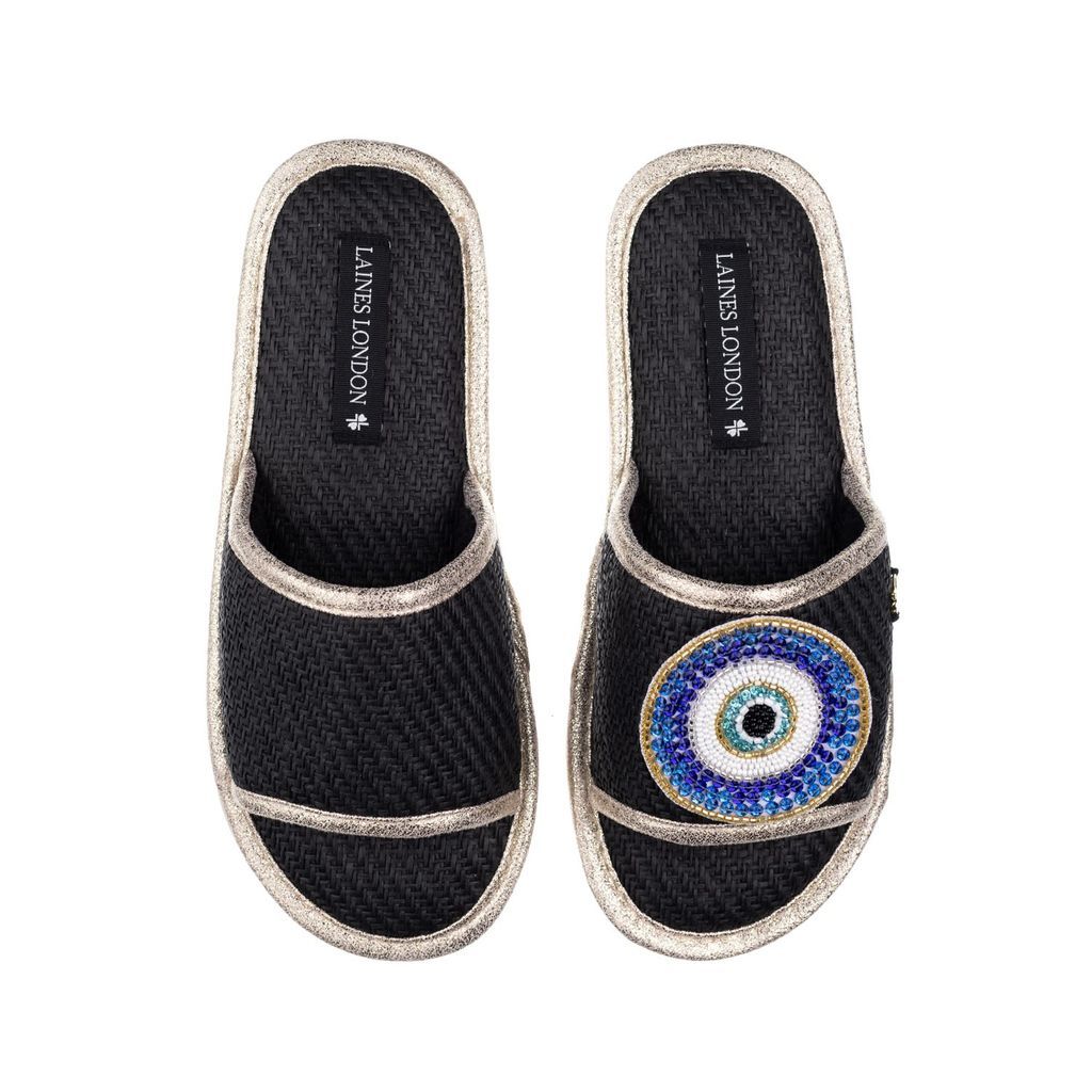 Women's Straw Braided Sandals With Handmade Couture Evil Eye Brooch - Black Small LAINES LONDON