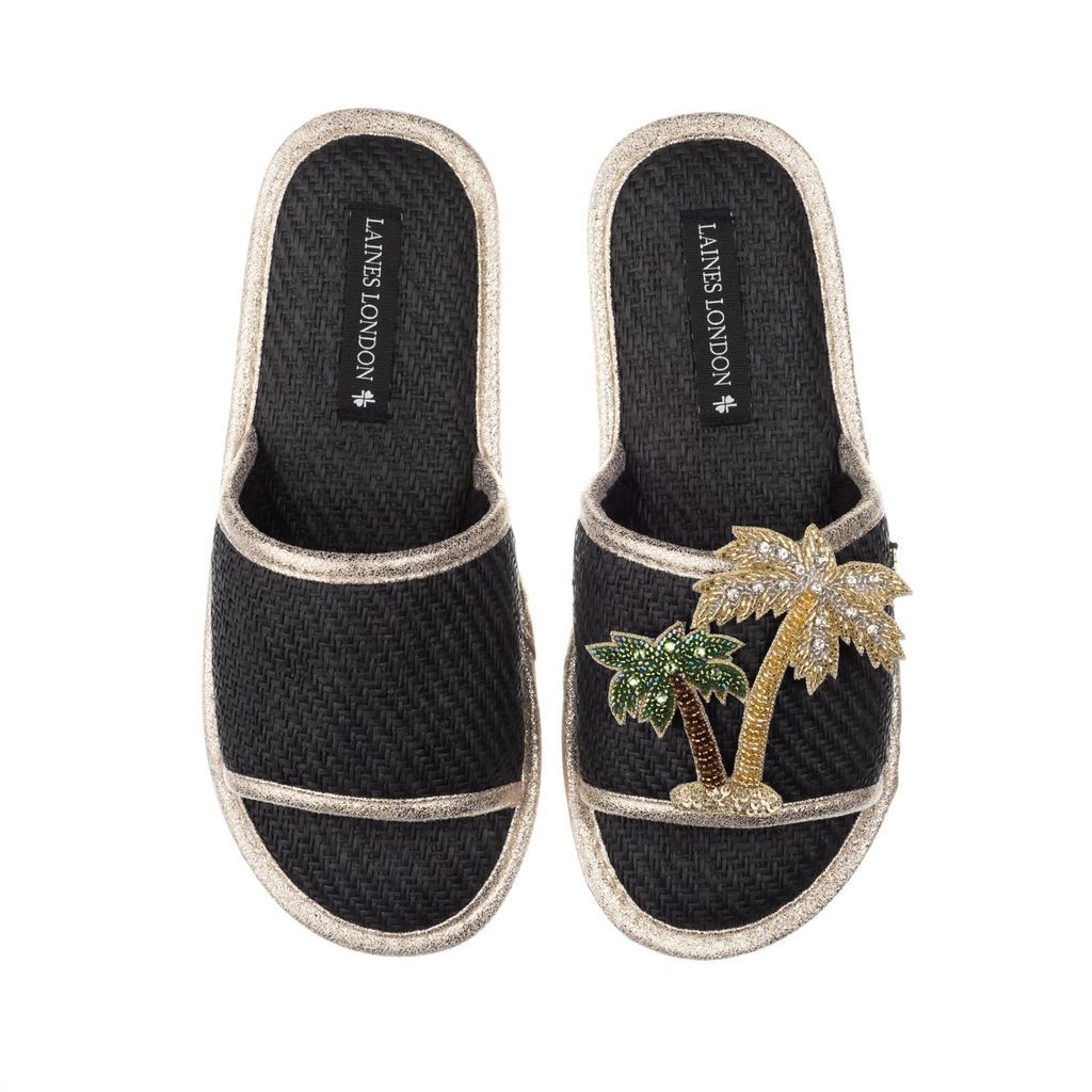 Women's Straw Braided Sandals With Handmade Couture Golden Palm Tree Brooch - Black Small LAINES LONDON