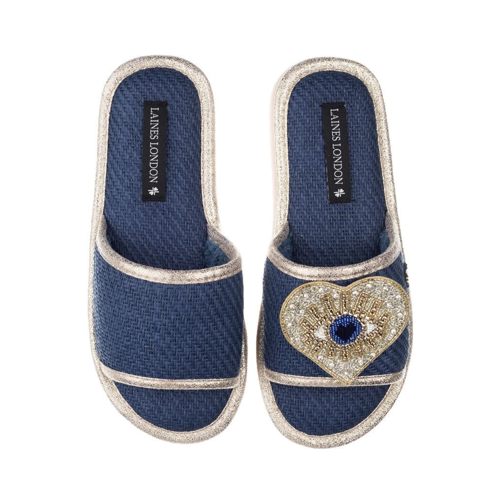 Women's Straw Braided Sandals With Handmade Couture Golden Blue Heart Eye Brooch - Navy Small LAINES LONDON