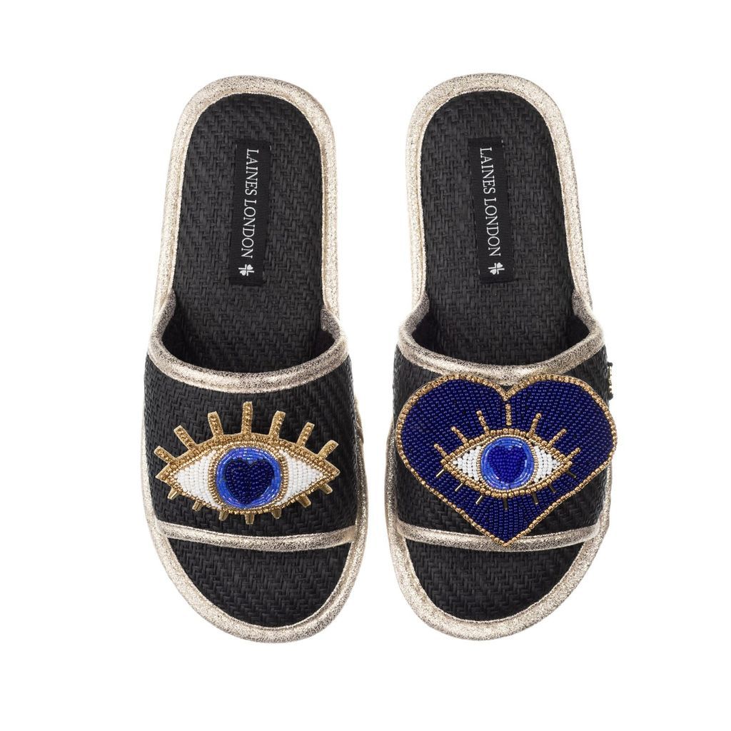 Women's Straw Braided Sandals With Handmade Double Blue Eye Brooches - Black Small LAINES LONDON