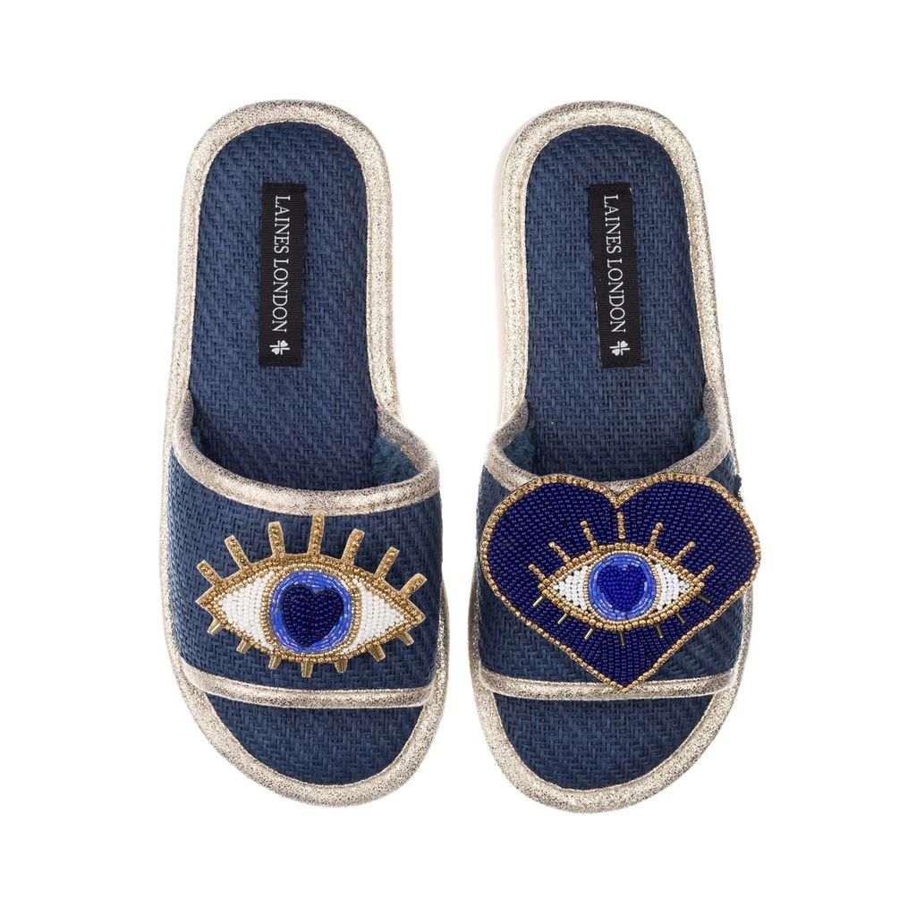 Women's Straw Braided Sandals With Handmade Double Blue Eye Brooches - Navy Small LAINES LONDON