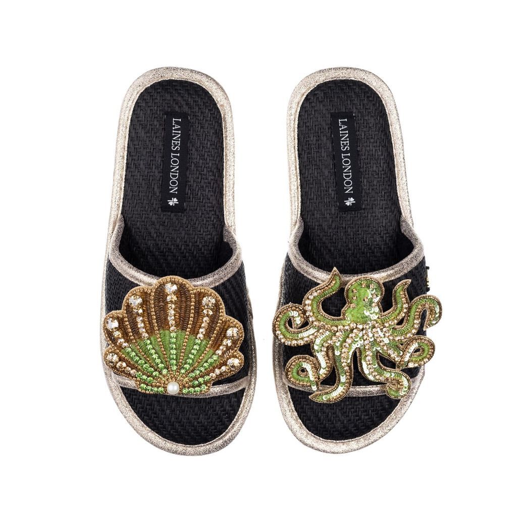 Women's Straw Braided Sandals With Handmade Green & Gold Octopus & Shell Brooches - Black Small LAINES LONDON