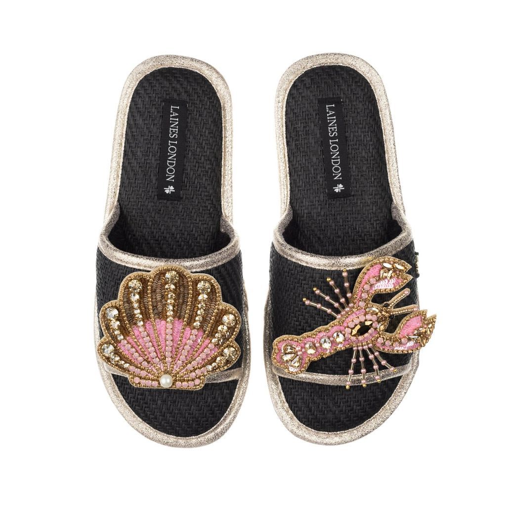 Women's Straw Braided Sandals With Handmade Pink & Gold Shell & Lobster Brooches - Black Small LAINES LONDON