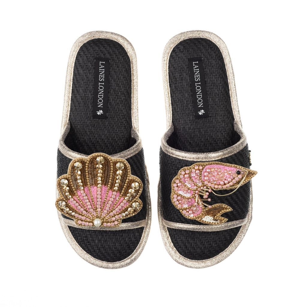 Women's Straw Braided Sandals With Handmade Pink & Gold Shell & Prawn Brooches - Black Small LAINES LONDON