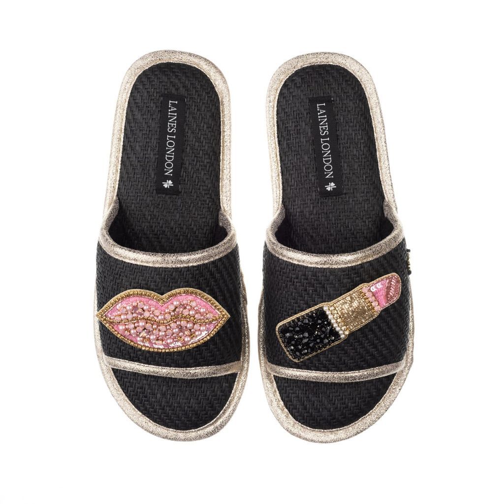 Women's Straw Braided Sandals With Handmade Pink Pucker Up Brooches - Black Small LAINES LONDON