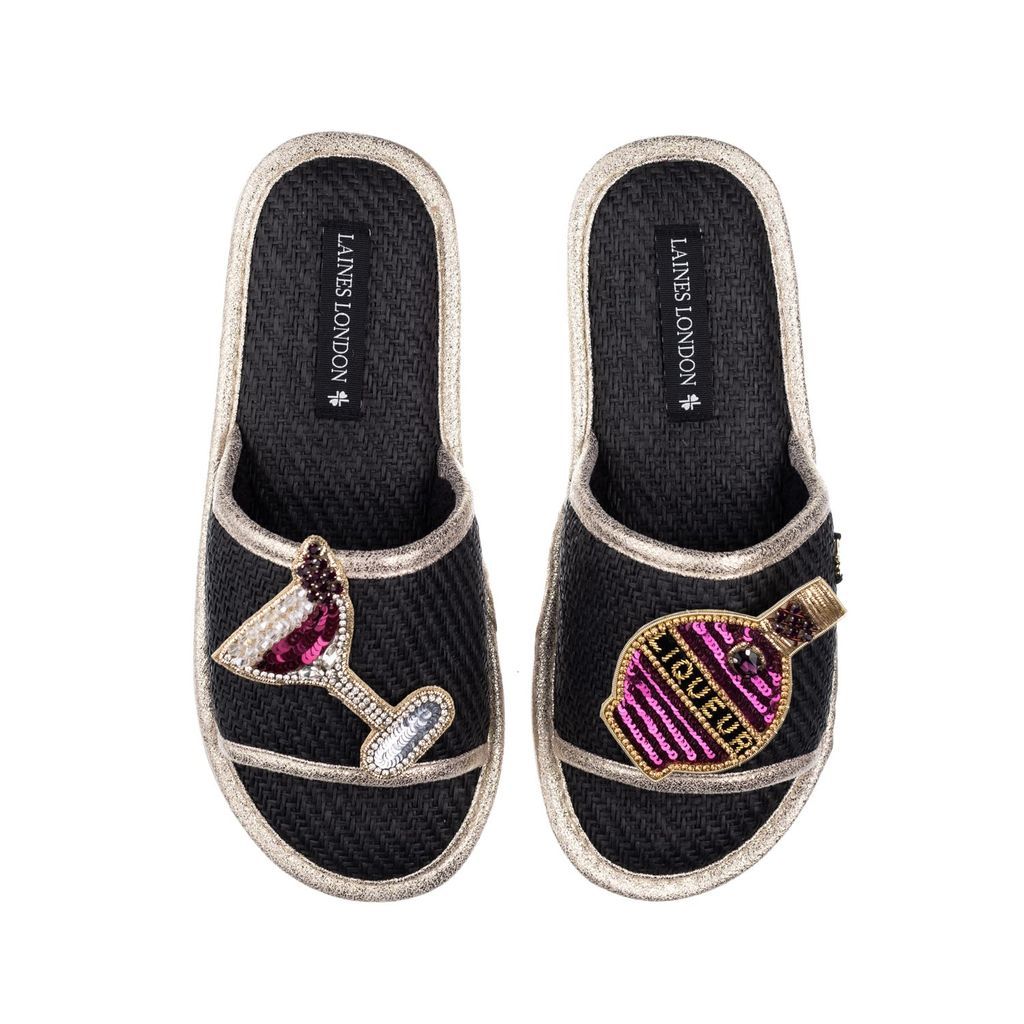 Women's Straw Braided Sandals With Handmade Raspberry Liqueur Brooches - Black Small LAINES LONDON