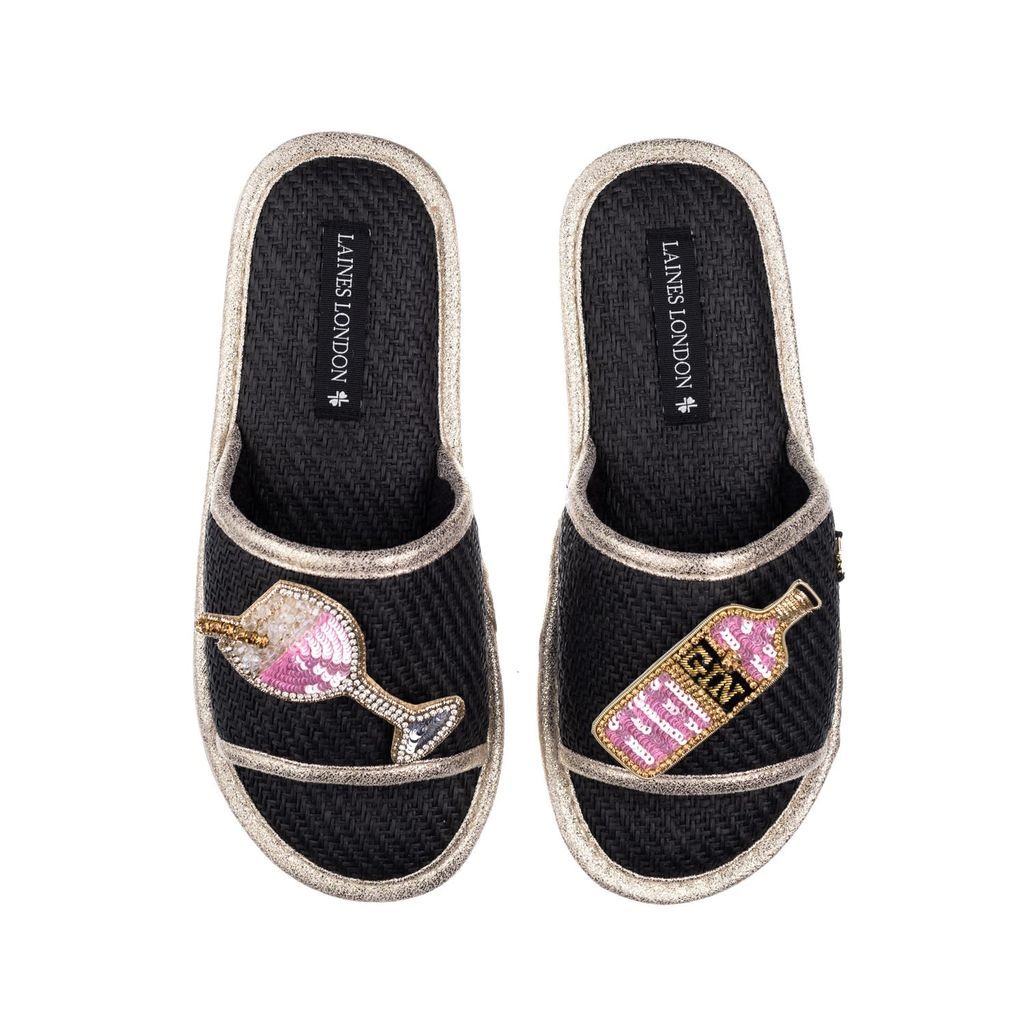 Women's Straw Braided Sandals With Handmade Pink Gin Brooches - Black Small LAINES LONDON