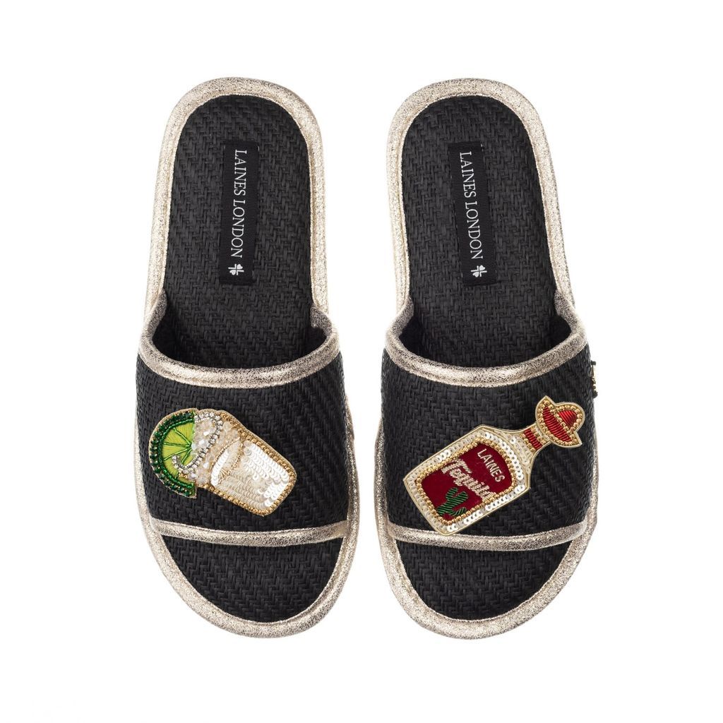 Women's Straw Braided Sandals With Handmade Tequila Slammer Brooches - Black Small LAINES LONDON