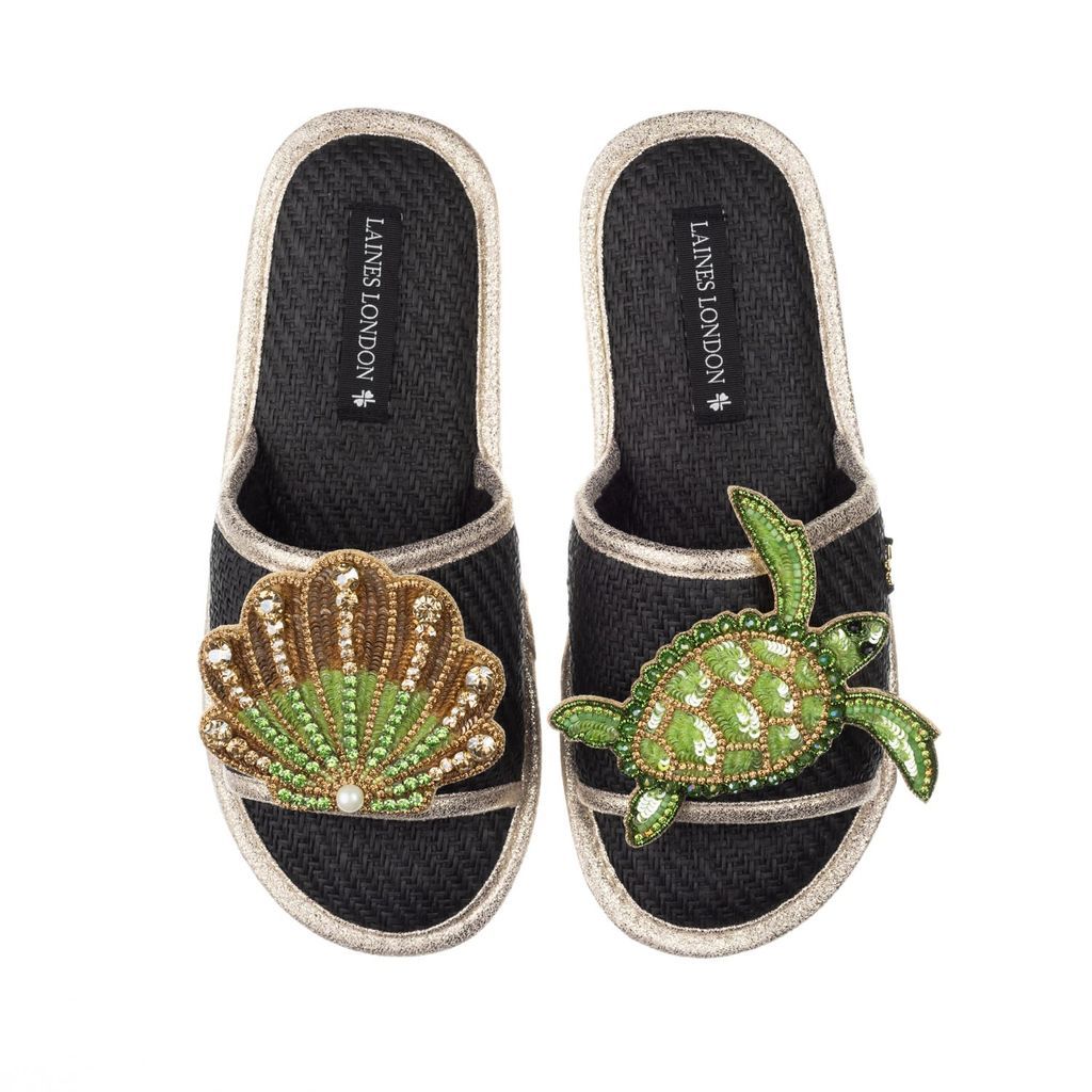 Women's Straw Braided Sandals With Handmade Turtle & Green & Gold Shell Brooches - Black Small LAINES LONDON
