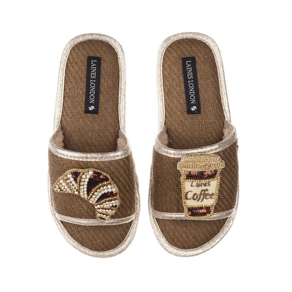 Women's Straw Brownbraided Sandals With Handmade Coffee & Croissant Brooches - Caramel Small LAINES LONDON