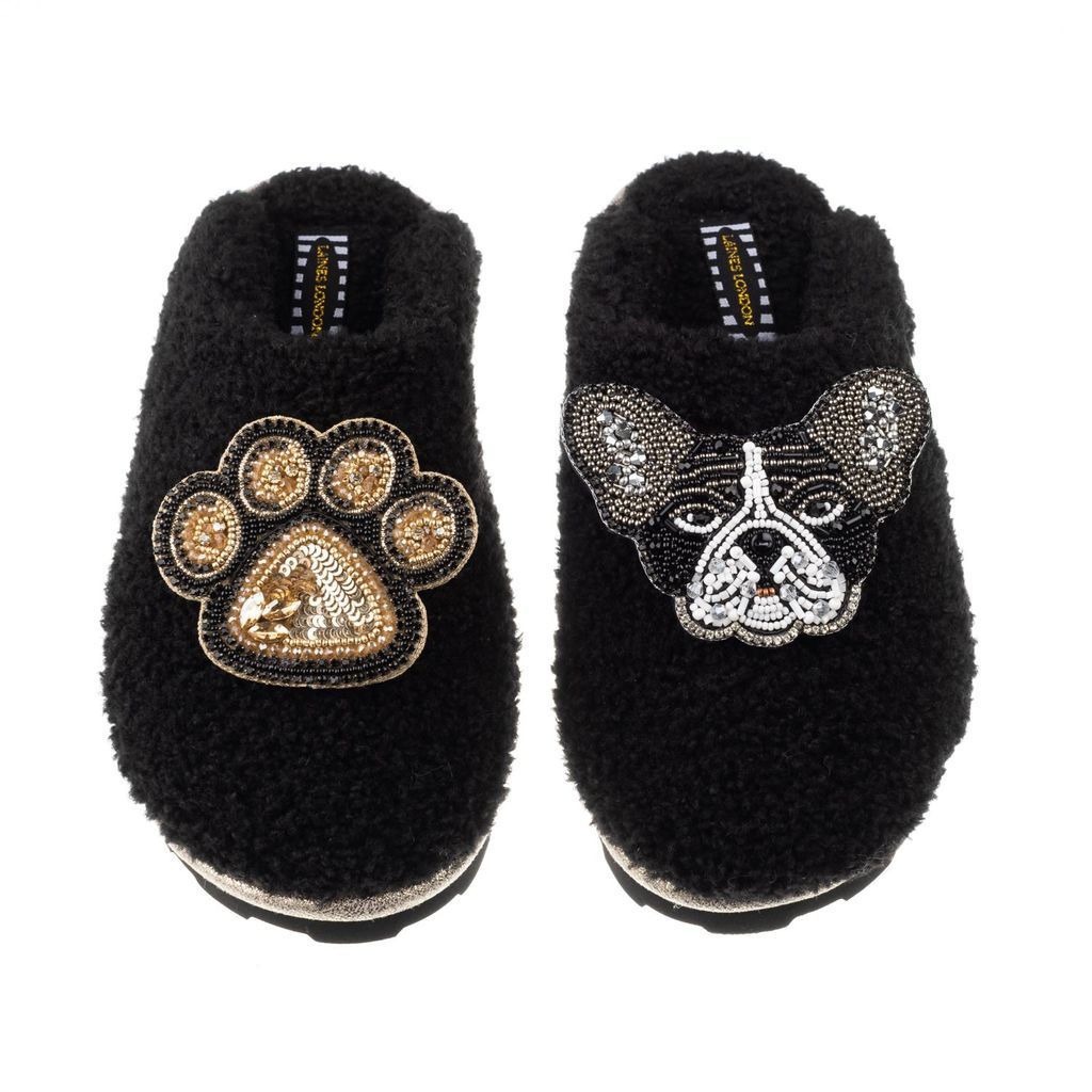 Women's Teddy Towelling Closed Toe Slippers With Coco & Paw Brooches - Black Small LAINES LONDON