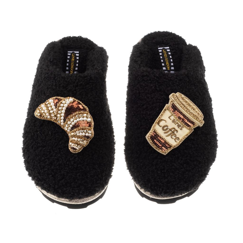 Women's Teddy Towelling Closed Toe Slippers With Coffee & Croissant Brooches - Black Small LAINES LONDON