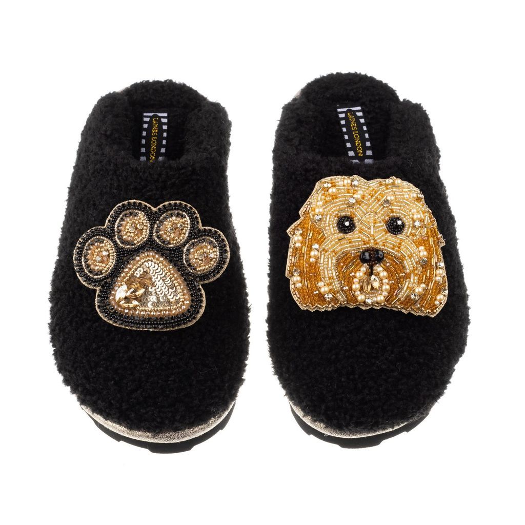 Women's Teddy Towelling Closed Toe Slippers With Enki Doo & Paw Brooch - Black Small LAINES LONDON