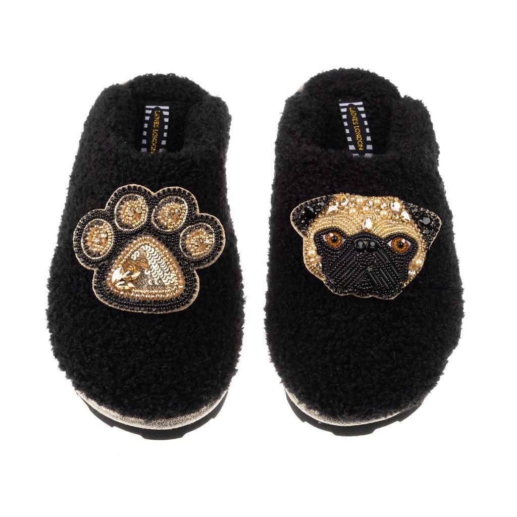 Women's Teddy Towelling Closed Toe Slippers With Franki & Paw Brooch - Black Small LAINES LONDON