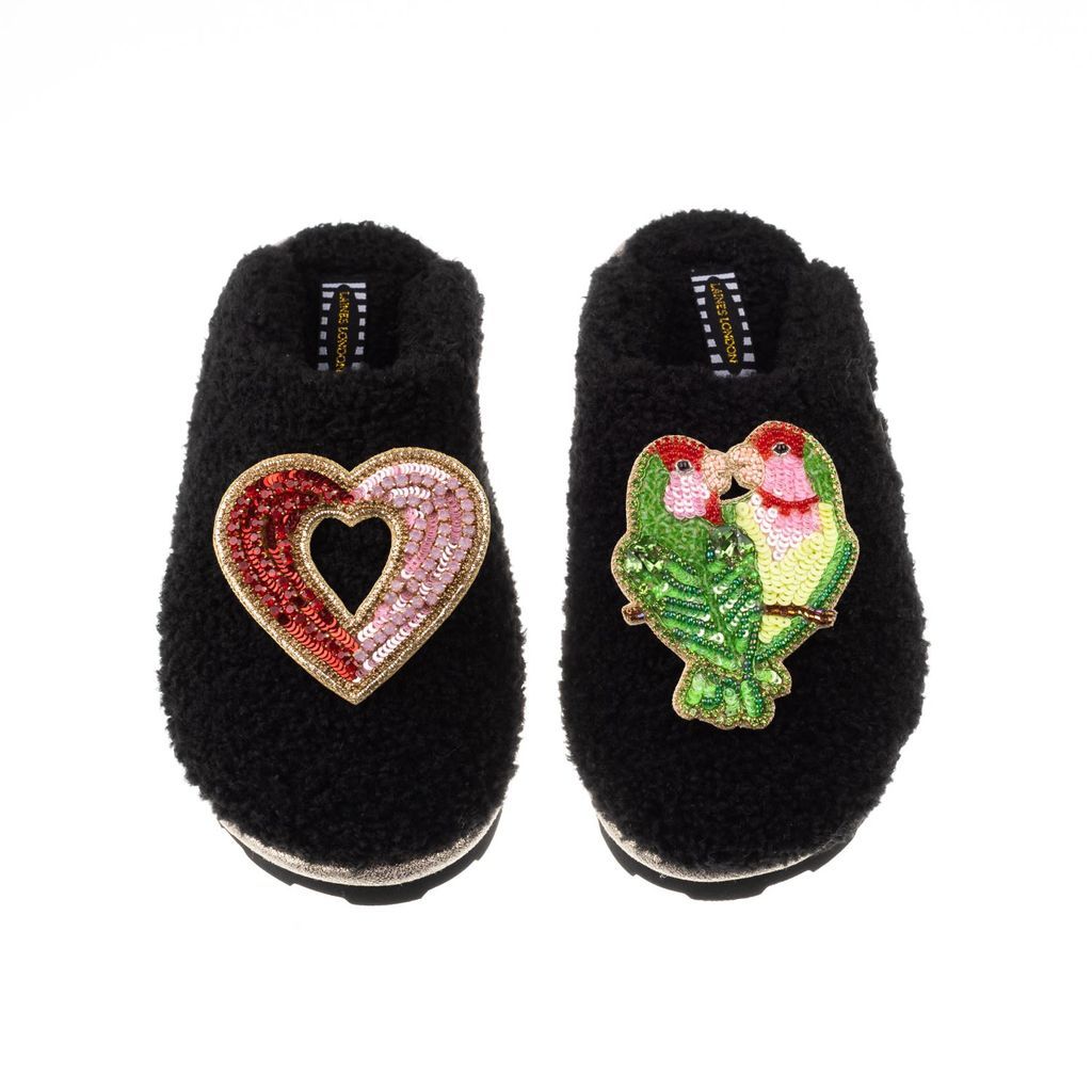 Women's Teddy Towelling Closed Toe Slippers With Heart & Love Birds Brooches - Black Small LAINES LONDON