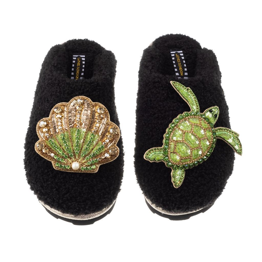 Women's Teddy Towelling Closed Toe Slippers With Green Turtle & Green & Gold Shell - Black Small LAINES LONDON