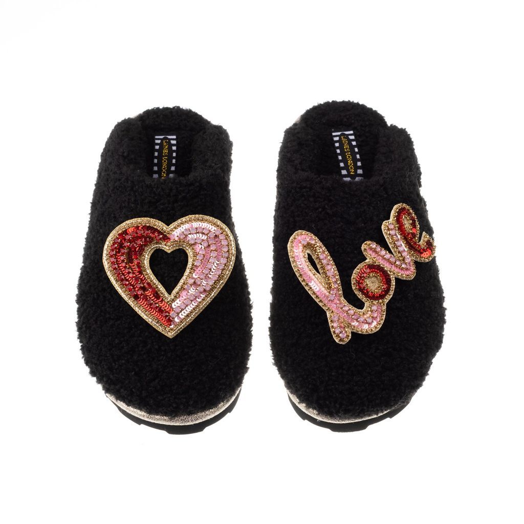 Women's Teddy Towelling Closed Toe Slippers With Heart & Love Brooches - Black Small LAINES LONDON