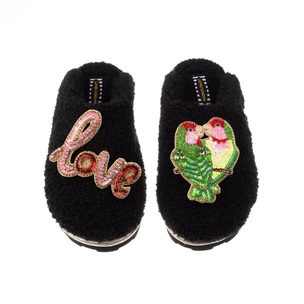 Women's Teddy Towelling Closed Toe Slippers With Love & Love Birds Brooches - Black Small LAINES LONDON