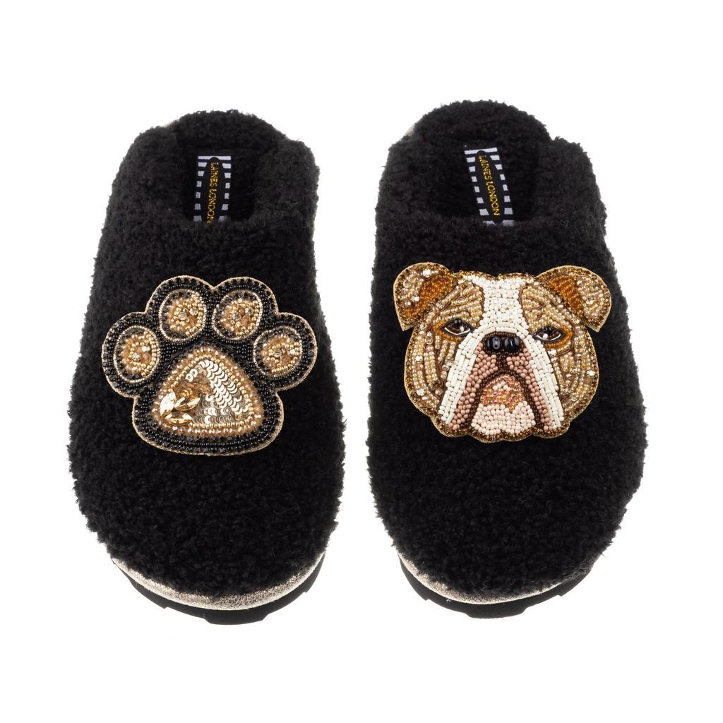 Women's Teddy Towelling Closed Toe Slippers With Mr Beefy Bulldog & Paw Brooch -Black Small LAINES LONDON
