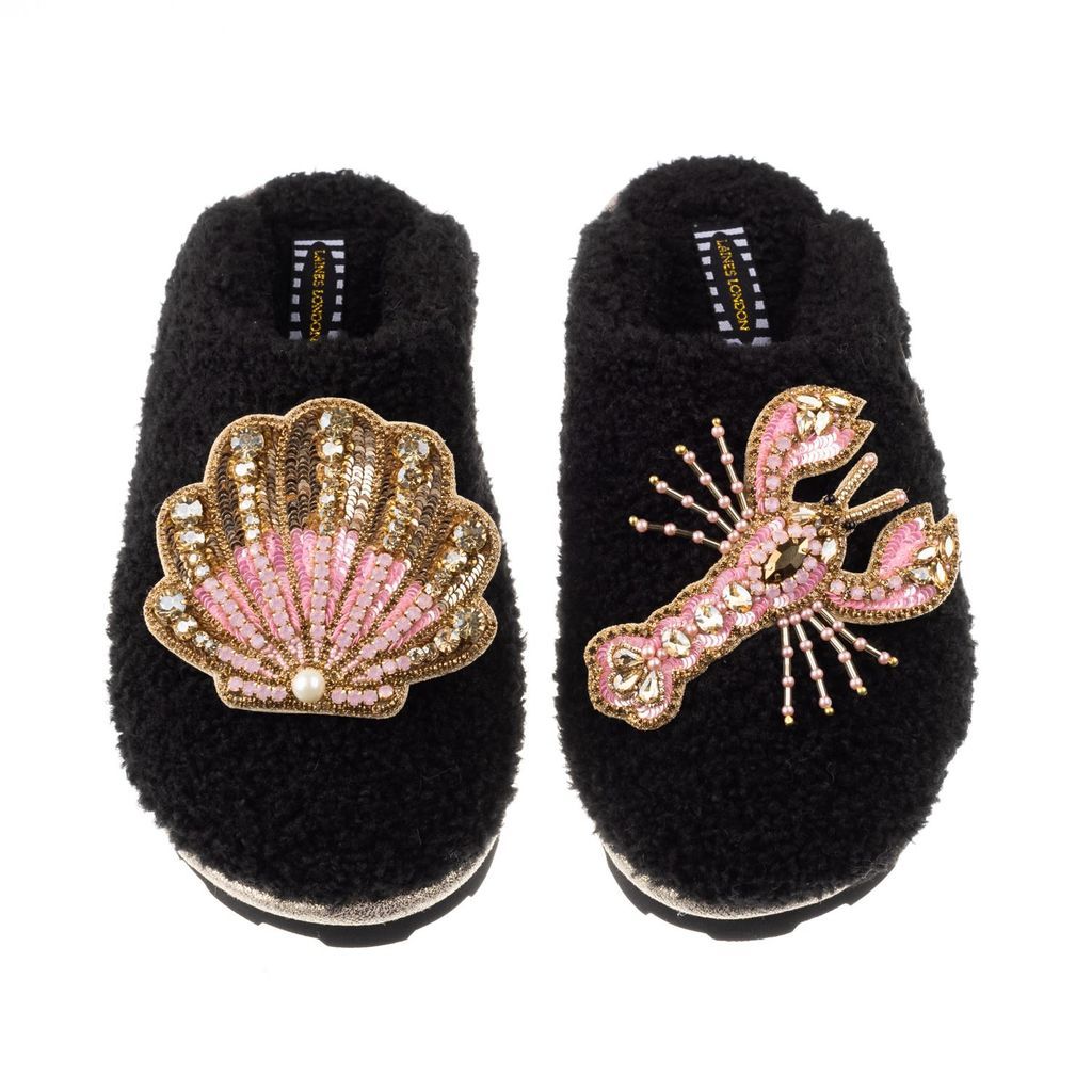 Women's Teddy Towelling Closed Toe Slippers With Pink Lobster & Pink & Gold Shell - Black Small LAINES LONDON
