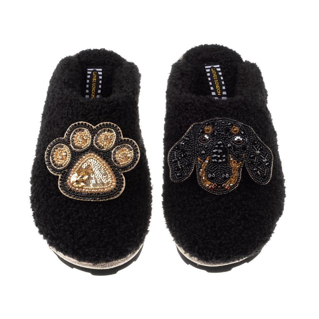 Women's Teddy Towelling Closed Toe Slippers With Little Sausage & Paw Brooch - Black Small LAINES LONDON