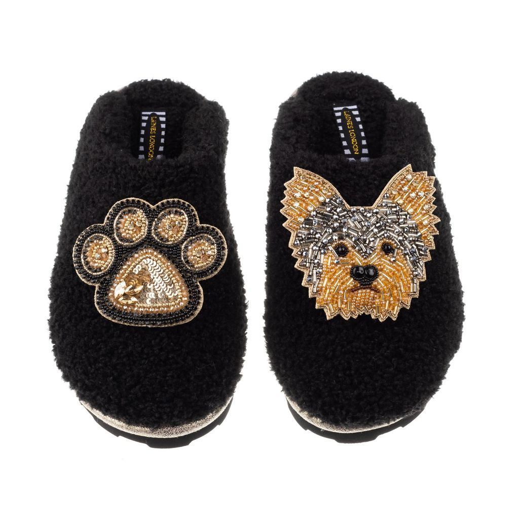 Women's Teddy Towelling Closed Toe Slippers With Minnie Yorkie & Paw Brooches - Black Small LAINES LONDON