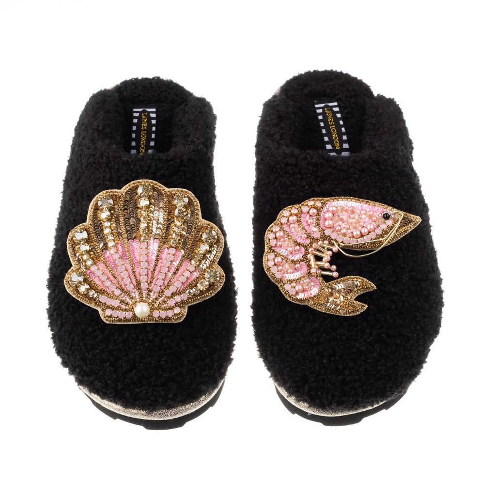 Women's Teddy Towelling Closed Toe Slippers With Pink Prawn & Pink & Gold Shell Brooches - Black Small LAINES LONDON