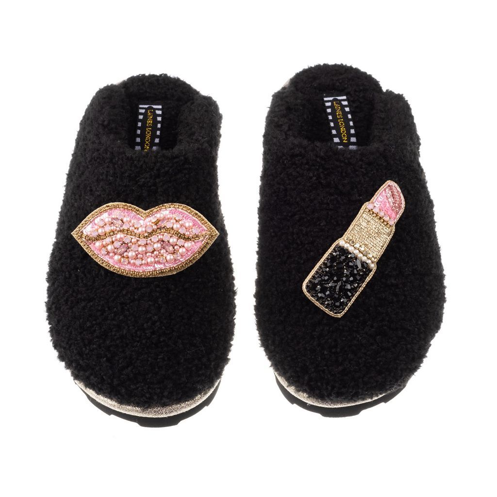 Women's Teddy Towelling Closed Toe Slippers With Pink Pucker Up Brooches - Black Small LAINES LONDON
