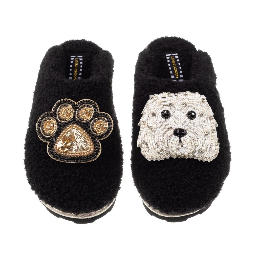 Women's Teddy Towelling Closed Toe Slippers With Queenie & Paw Brooch - Black Small LAINES LONDON