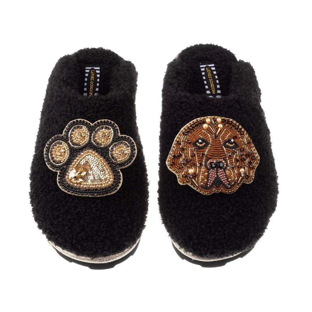 Women's Teddy Towelling Closed Toe Slippers With Rocco & Paw Brooch - Black Small LAINES LONDON