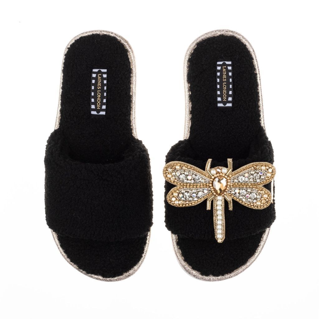 Women's Teddy Towelling Slipper / Sliders With Artisan Gold, Silver & Pearl Dragonfly Brooch - Black Small LAINES LONDON
