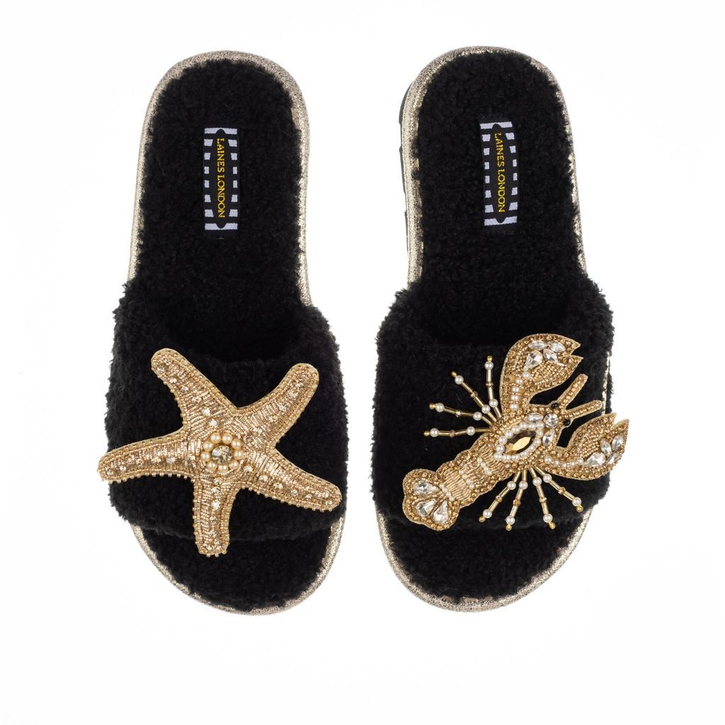 Women's Teddy Towelling Sliders With Gold Pearl Lobster & Starfish Brooches - Black Small LAINES LONDON