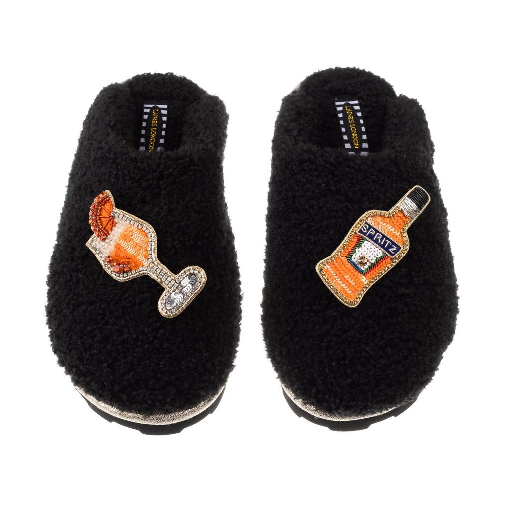 Women's Teddy Towelling Closed Toe Slippers With Summer Spritz Brooches - Black Small LAINES LONDON