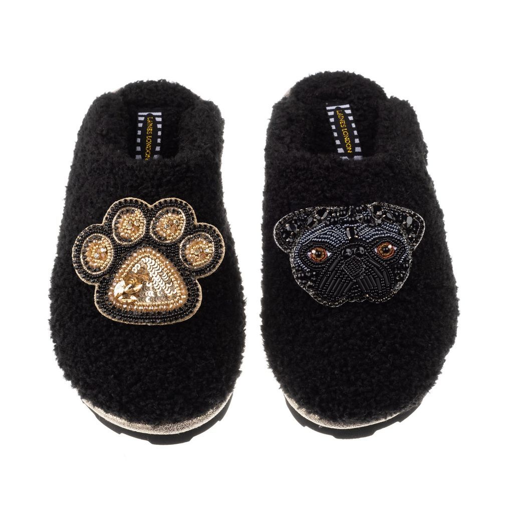 Women's Teddy Towelling Closed Toe Slippers With Snoopy & Paw Brooch - Black Small LAINES LONDON