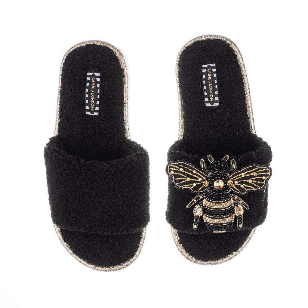 Women's Teddy Towelling Slipper / Sliders With Artisan Golden Honeybee - Black Small LAINES LONDON