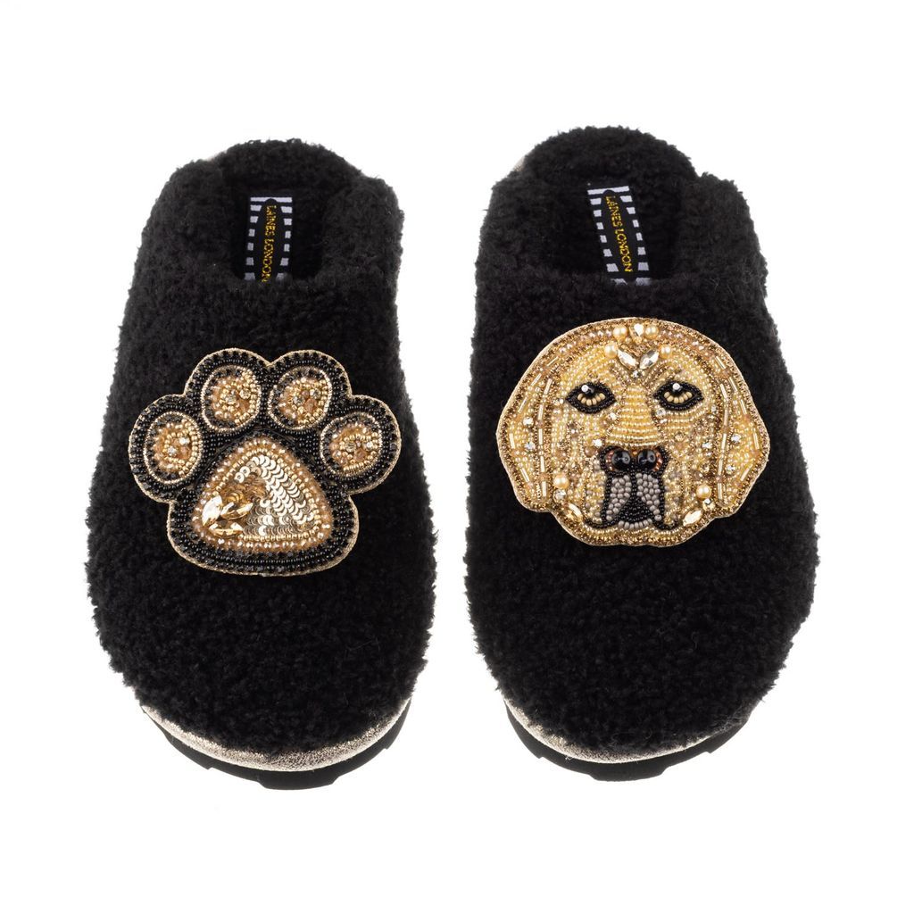 Women's Teddy Towelling Closed Toe Slippers With Skip & Paw Brooch - Black Small LAINES LONDON