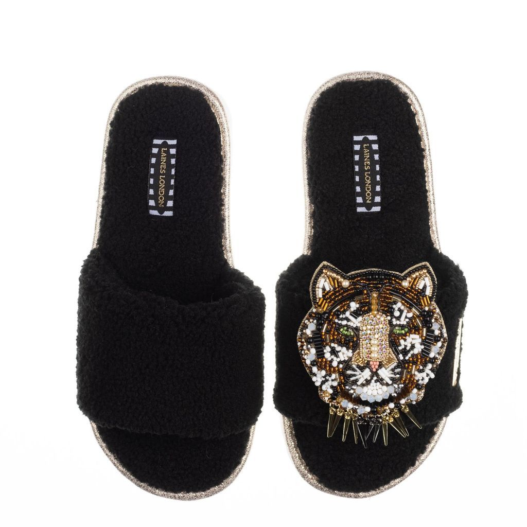Women's Teddy Towelling Slipper / Sliders With Artisan Tiger Head Brooch - Black Small LAINES LONDON