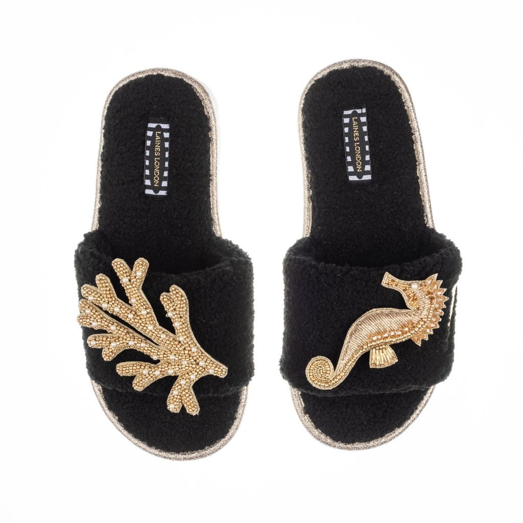 Women's Teddy Towelling Slipper Sliders With Artisan Gold Seahorse & Coral Brooches - Black Small LAINES LONDON