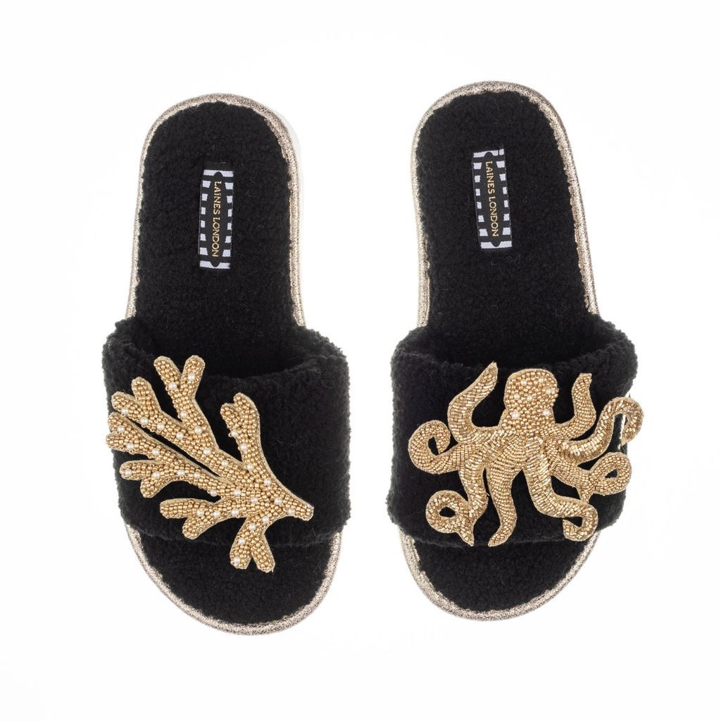 Women's Teddy Towelling Slipper Sliders With Artisan Gold Octopus & Coral Brooches - Black Small LAINES LONDON