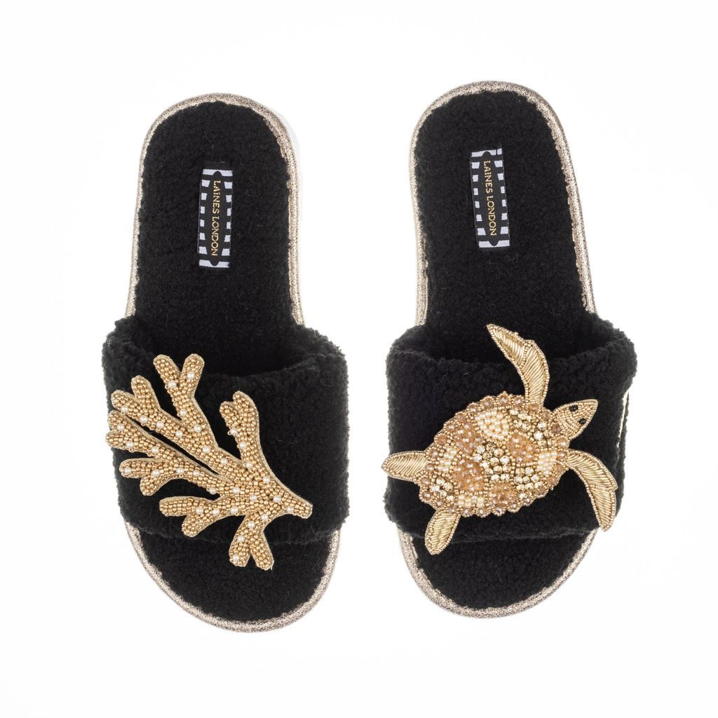 Women's Teddy Towelling Slipper Sliders With Artisan Gold Turtle & Coral - Black Small LAINES LONDON