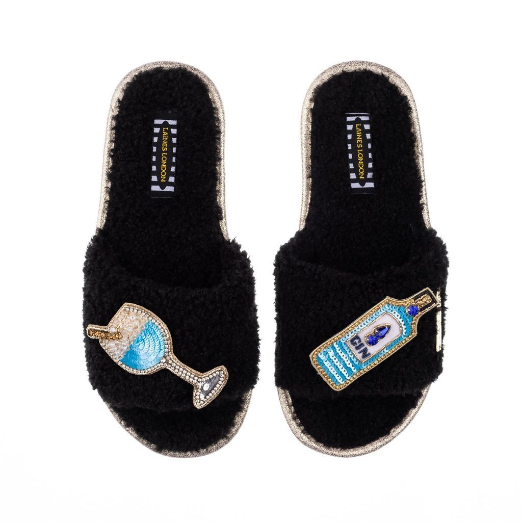 Women's Teddy Towelling Slipper Sliders With Blue Sapphire Gin Brooches - Black Small LAINES LONDON