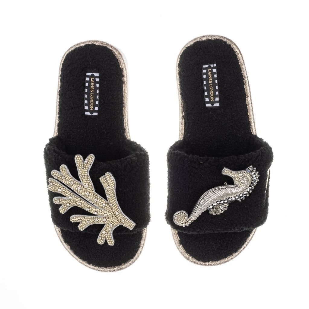 Women's Teddy Towelling Slipper Sliders With Artisan Silver Seahorse & Coral Brooches - Black Small LAINES LONDON