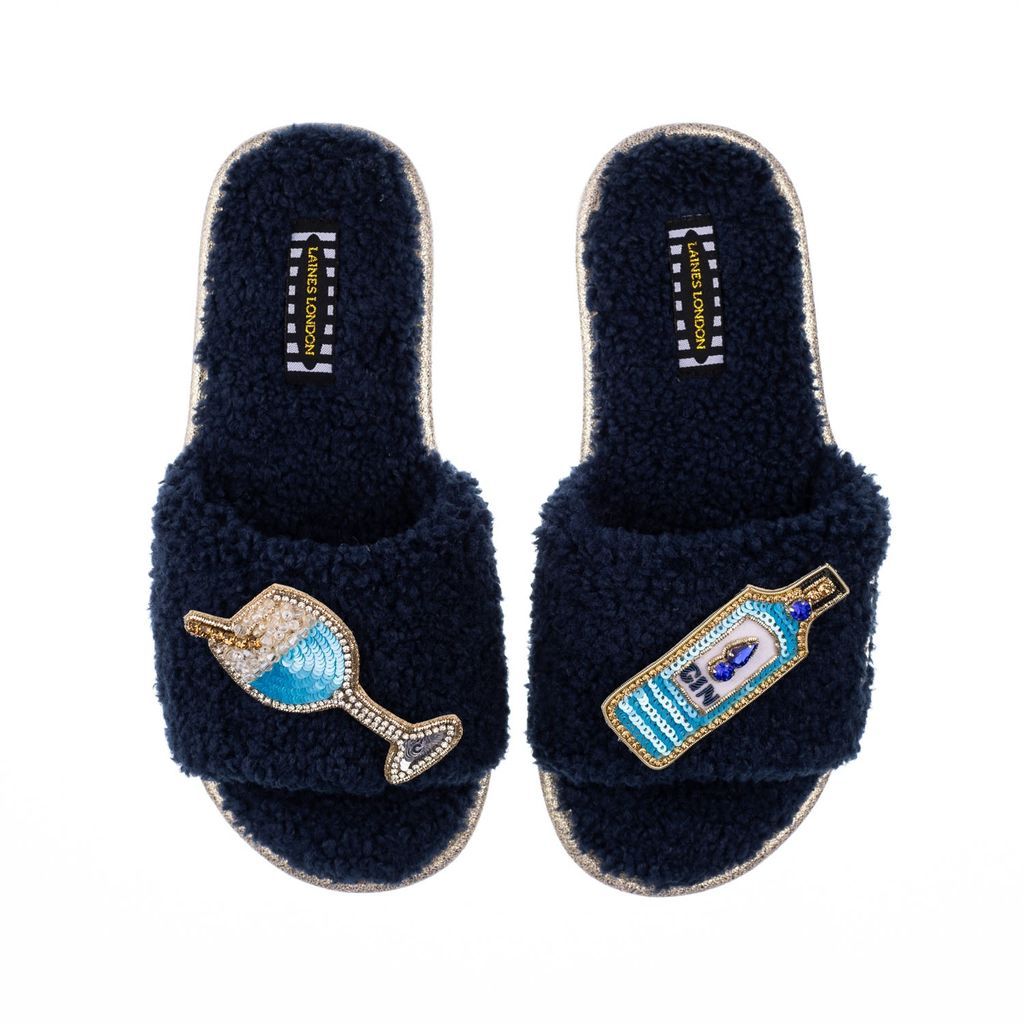 Women's Teddy Towelling Slipper Sliders With Blue Sapphire Gin Brooches - Navy Small LAINES LONDON
