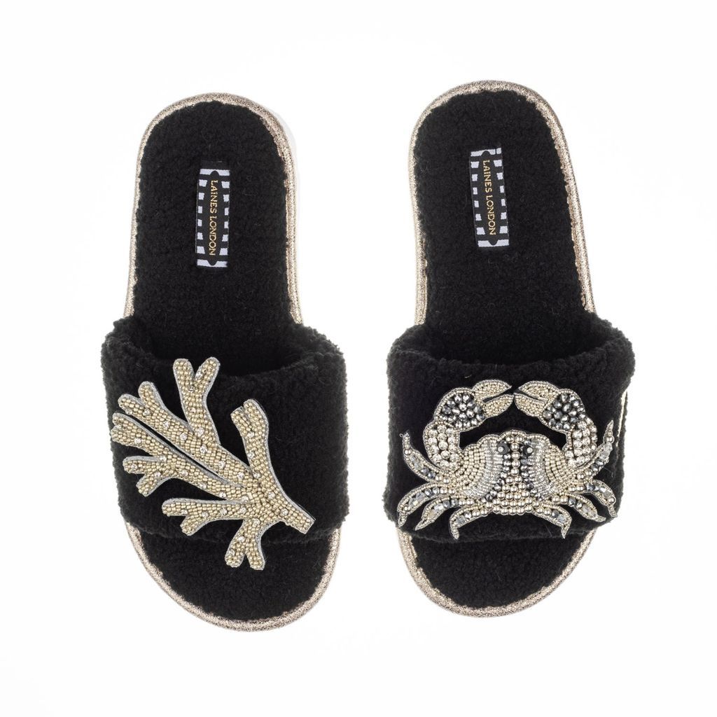 Women's Teddy Towelling Slipper Sliders With Artisan Silver Crab & Coral Brooches - Black Small LAINES LONDON